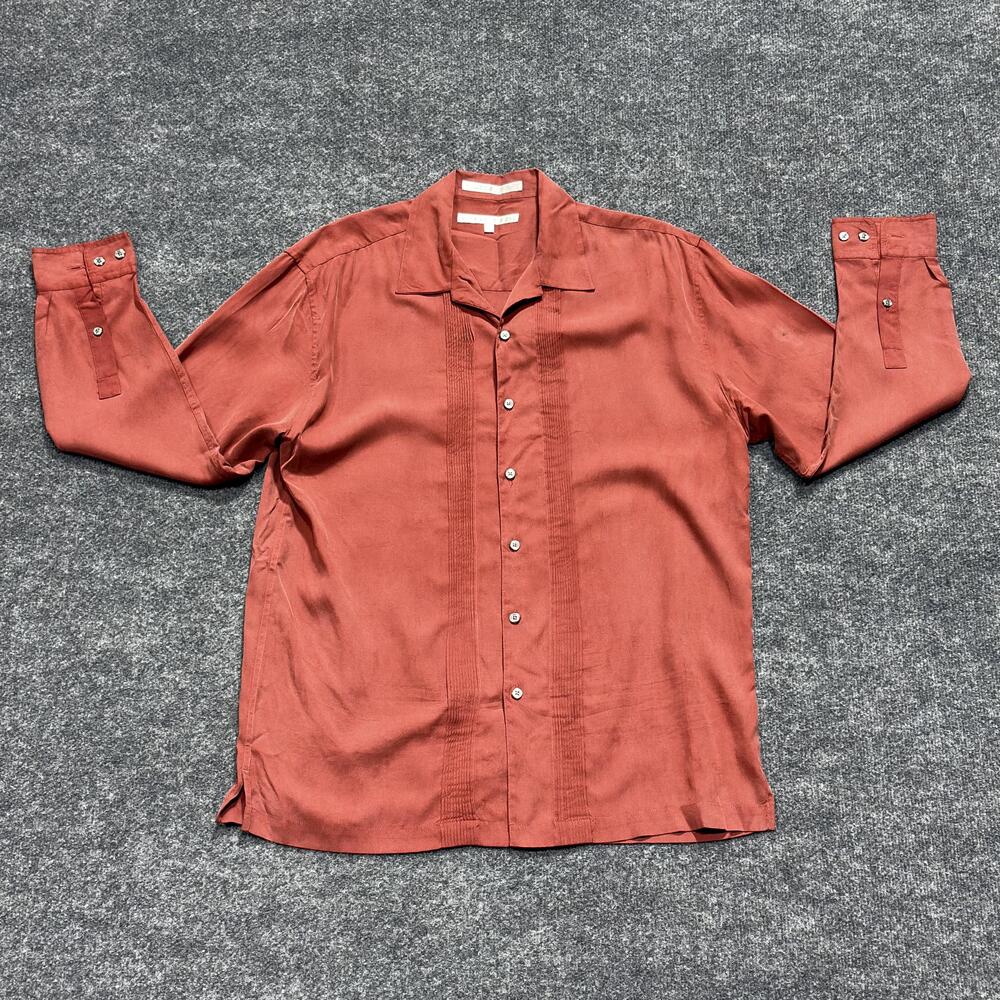 Perry Ellis Shirt Mens Medium Red Silk Long Sleeve Button Pintuck Front Casual